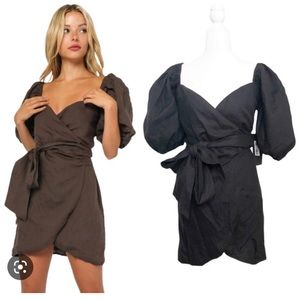 Black puff sleeve mini wrap dress